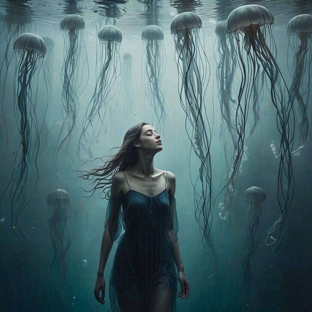 A serene underwater scene, depicting a sorrowful figure floating amidst translucent jellyfish, symbolizing the journey through grief. Surrounding them are waves of soft, dark blues and muted grays, representing depths of melancholy. Subtle alphanumeric characters weave through the water, indicating the complexity of emotions. Light filters through the surface, creating a calm yet poignant atmosphere. painting. ethereal colors. soft focus.