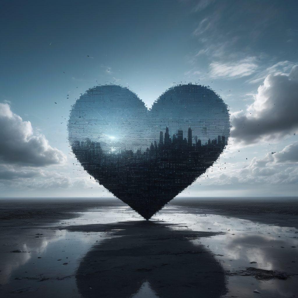 A digital landscape where a pixelated heart symbolizes grief, surrounded by floating binary code and shattered glass pieces. The background features a serene blue sky transitioning into muted shades of gray, portraying a sense of loss. Silhouettes of people connecting through circuitry, with expressions of contemplation and melancholy. Incorporate elements of digital identifiers like user icons and social media logos merging with swirling clouds. super-realistic. vibrant colors. ethereal atmosphere.