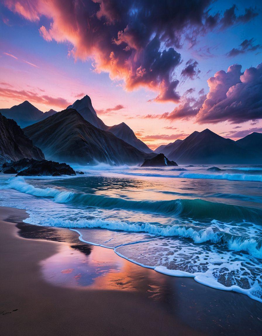 A surreal landscape blending emotional elements like waves of blue to represent sorrow and soft pastel mountains symbolizing solace. Integrate flowing numbers and equations gently rising from the sea like clouds, creating a path toward a serene horizon. Use a soft twilight sky where light meets darkness, enhancing the journey from sorrow to solace. dreamlike landscape. vibrant colors. ethereal mood.